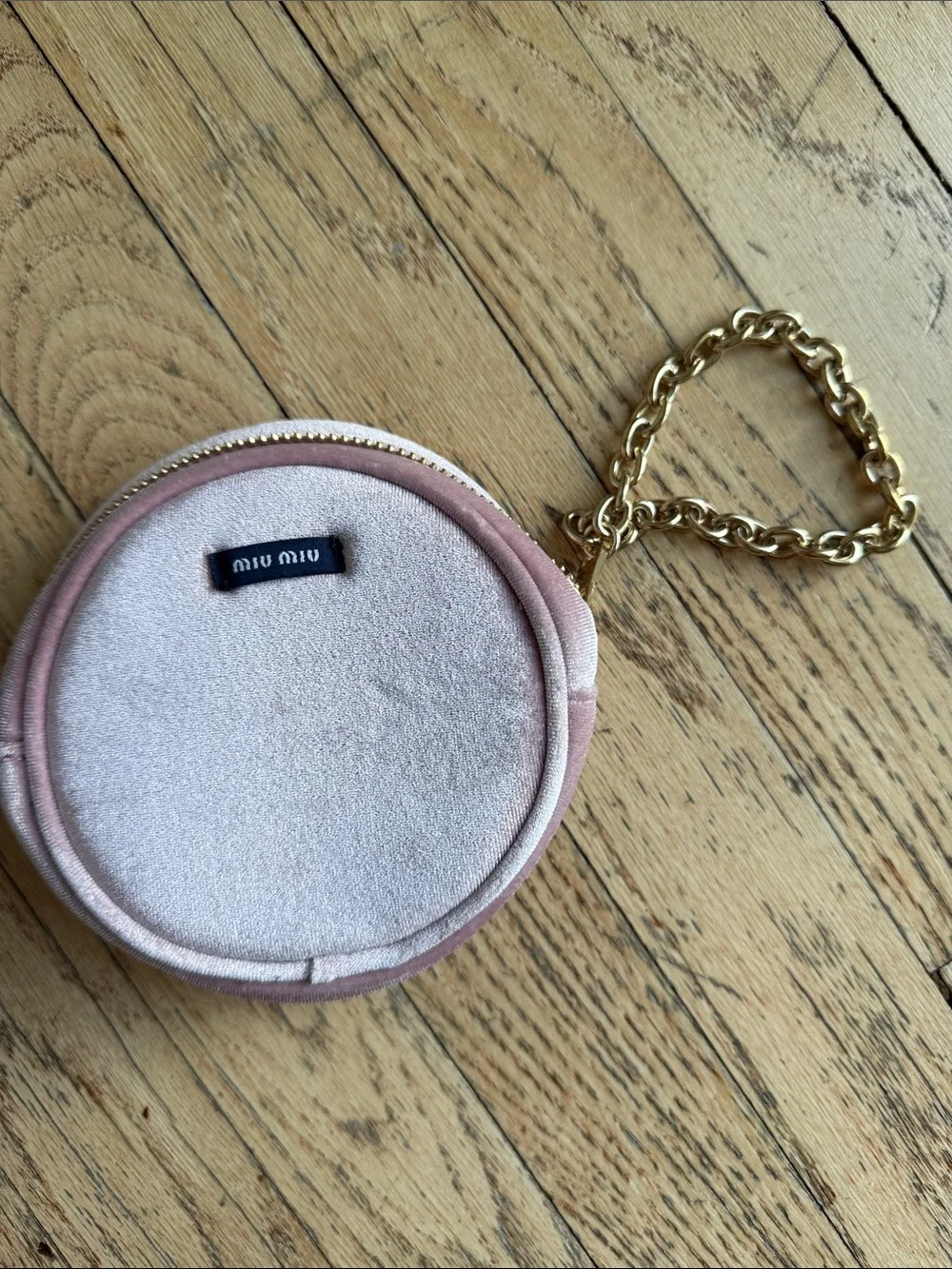 Miu Miu Blush Pink Velvet Round Pouch with Gold Chain